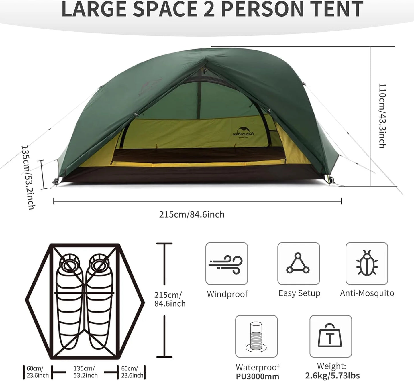Tente Naturehike 2P – Ultralégère, 3 saisons