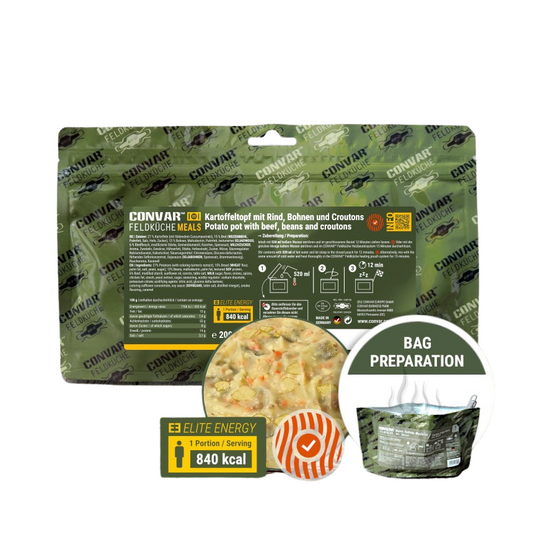 CONVAR™ gevriesdroogde maaltijd – stoofpot van aardappel, rundvlees, bonen en croutons
